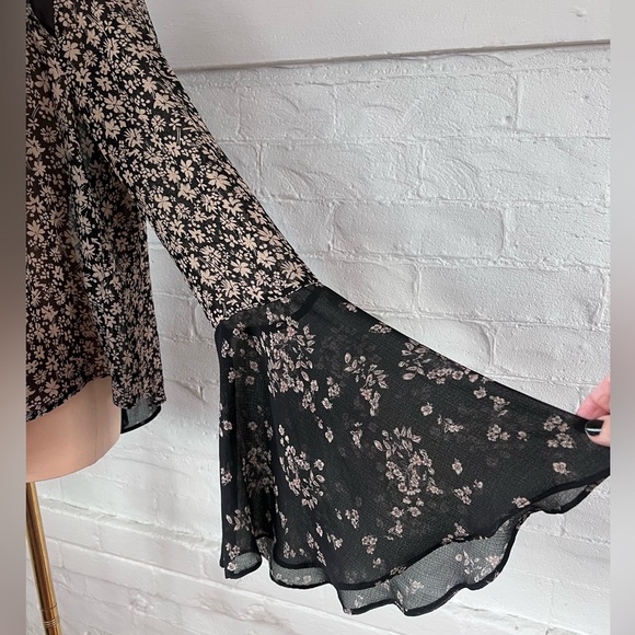 FreePeople Serena Black Floral Blouse Sheer Button Up Ditzy Cottage Witch Size M - Picture 11 of 16